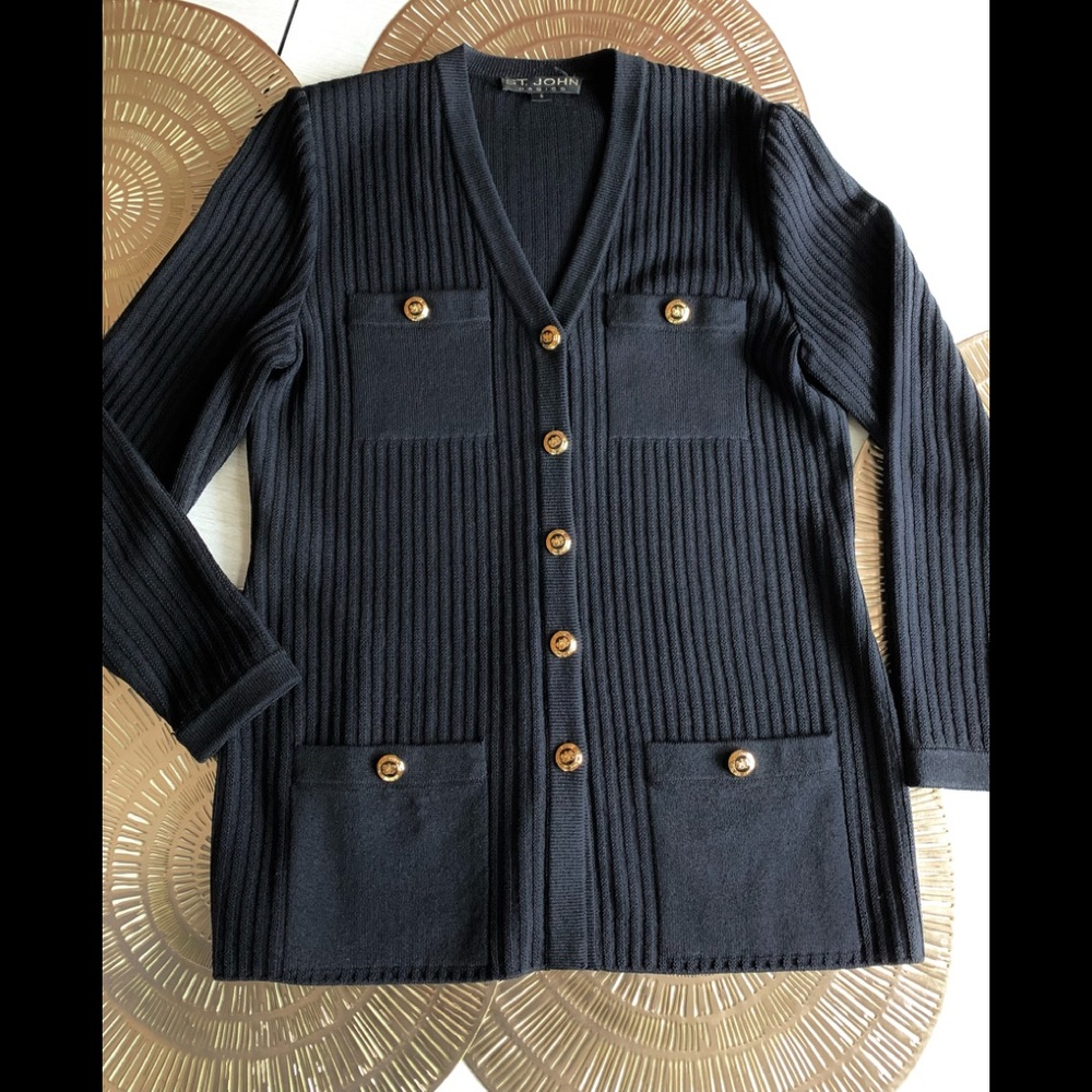 St. John Basics Ribbed Black Knit Cardigan Button Sweater Top